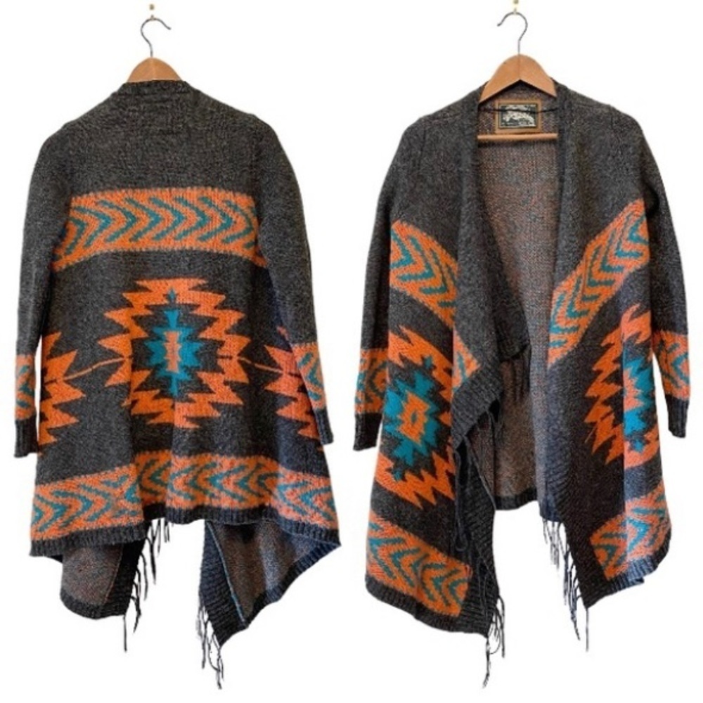 ROOTS Sz M South Western Fringe Open Front Wool Blend Boho Bohemian Cardigan